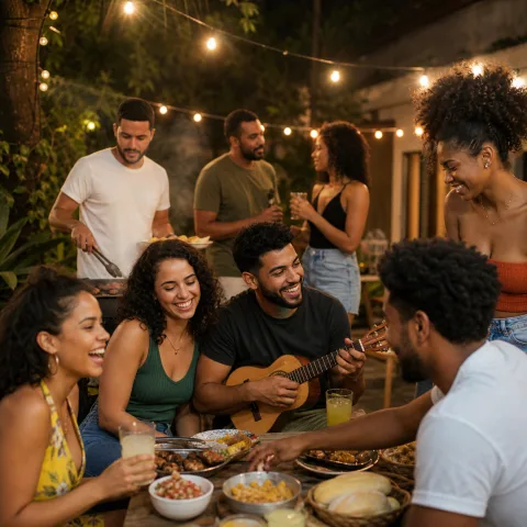 Amigos num churrasco no quintal, com violão e comida na mesa