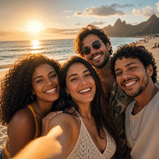 Amigos tirando uma selfie na praia ao pôr do sol
